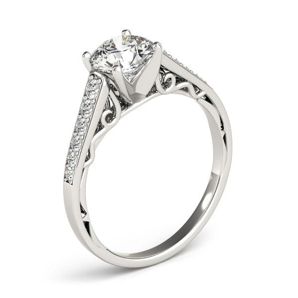 14k white gold cathedral design diamond engagement ring with intricate shank detailing.