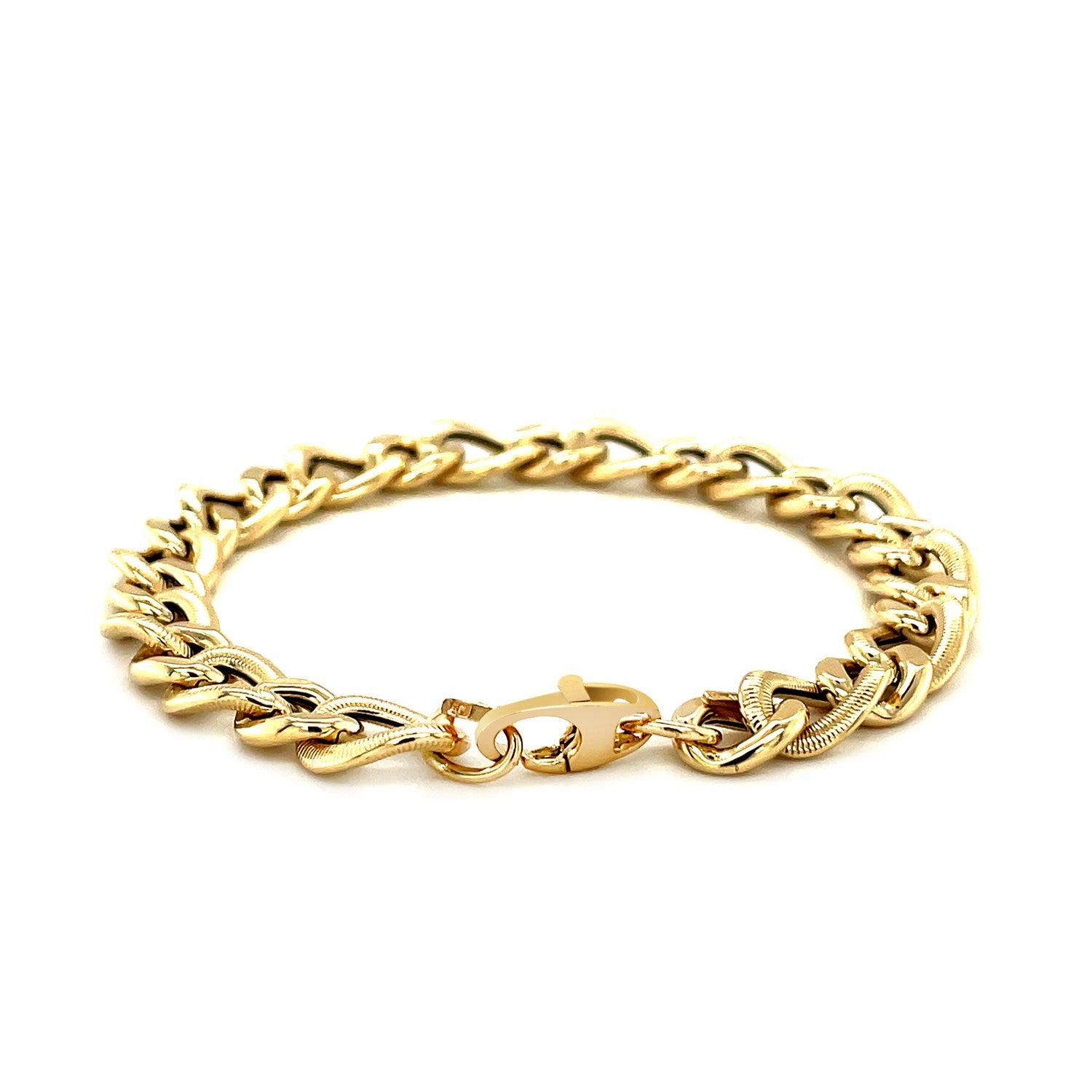 14k yellow gold curb chain bracelet with diamond cuts and a lobster clasp.