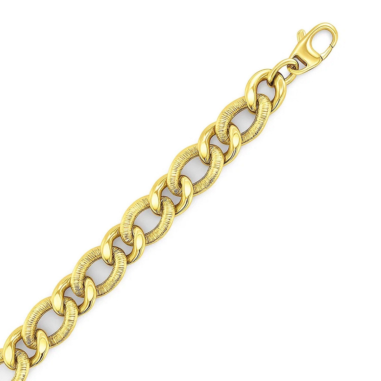 14k yellow gold curb chain bracelet with diamond cuts and a lobster clasp.