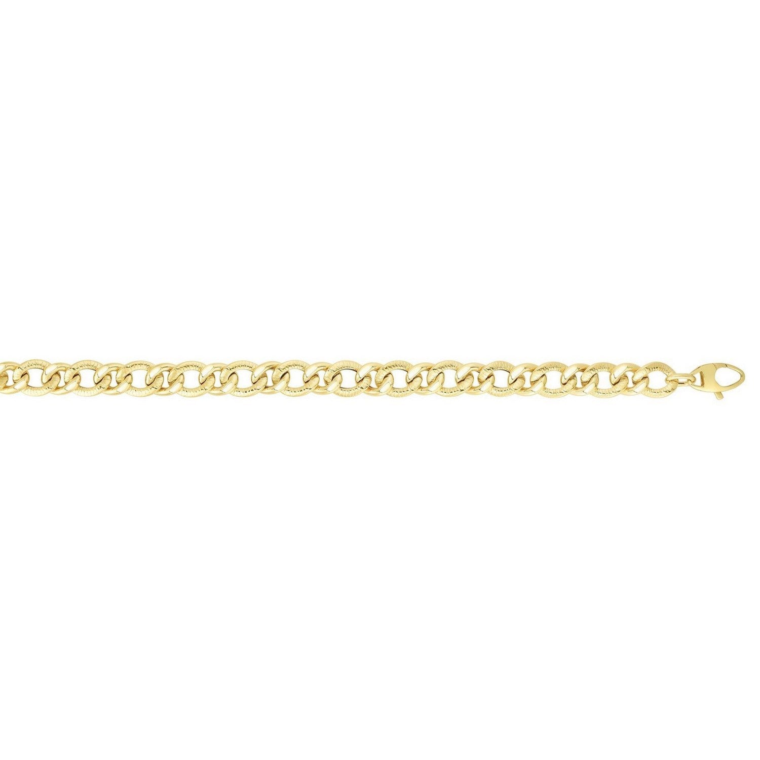 14k yellow gold curb chain bracelet with diamond cuts and a lobster clasp.