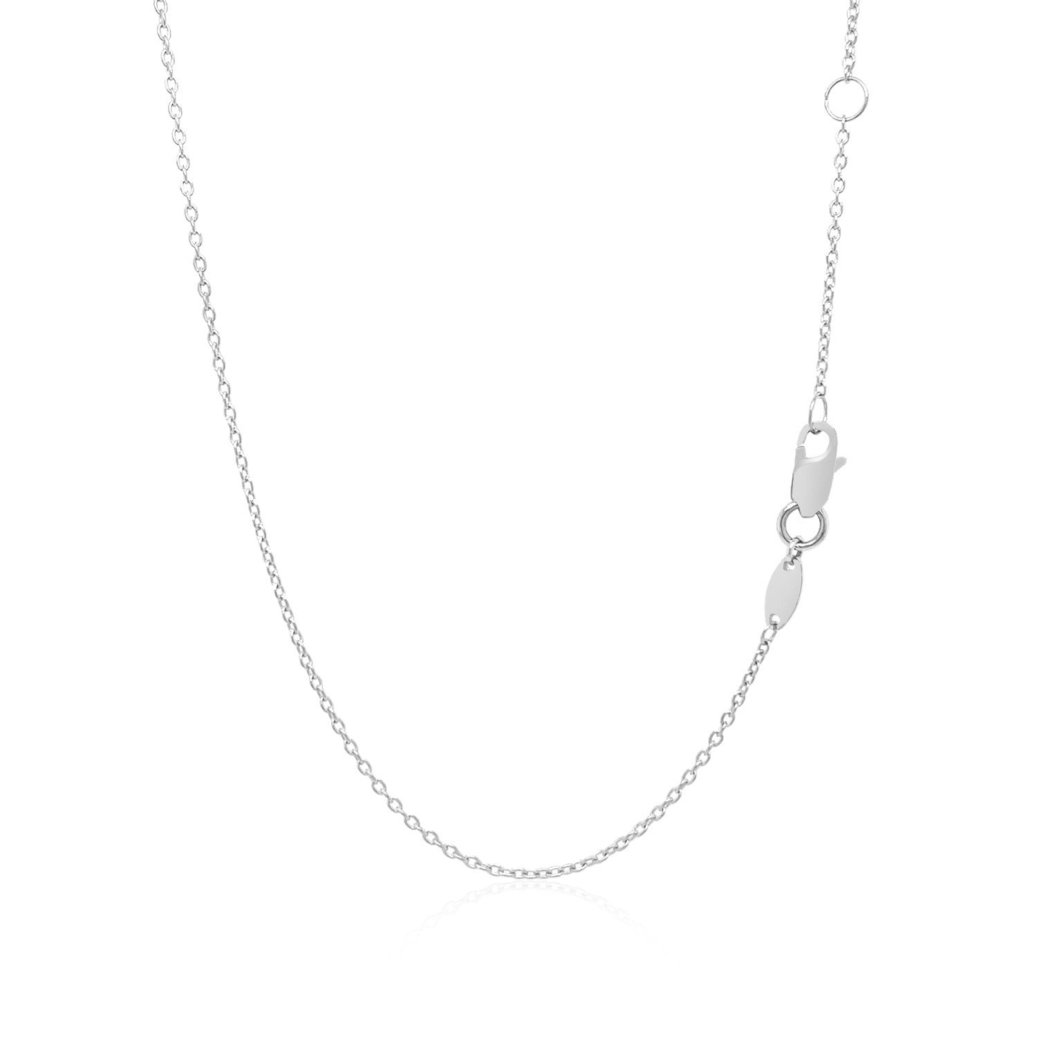A delicate 14k white gold link chain with a lobster clasp and extender.