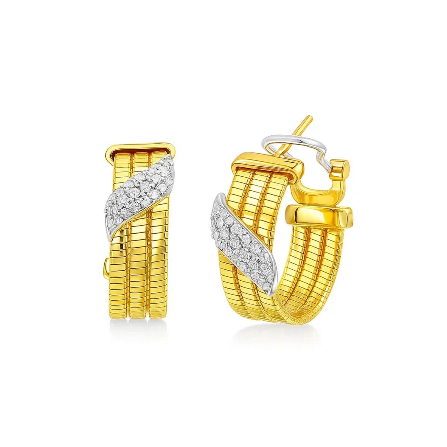 14K yellow gold triple row diamond omega hoop earrings.