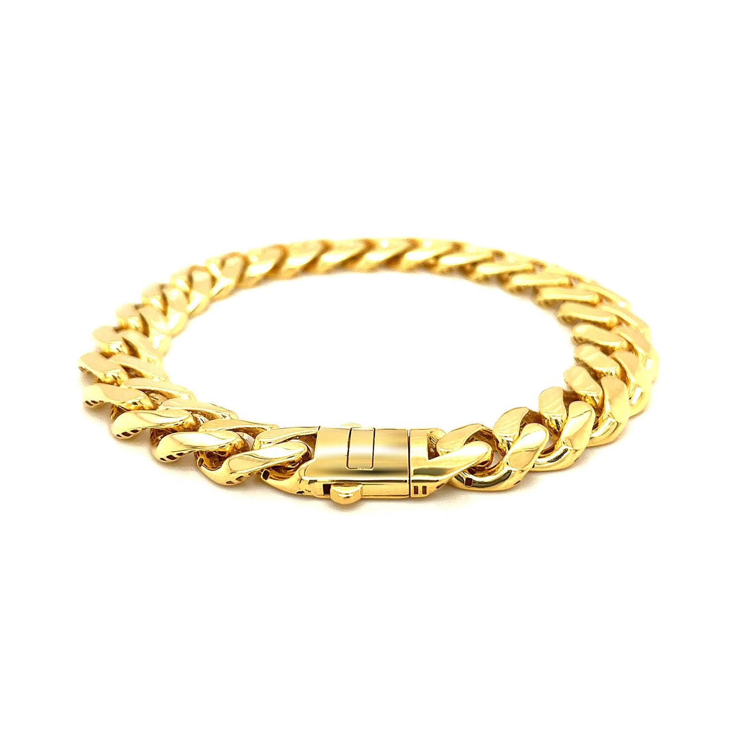 14k yellow gold polished curb chain bracelet with a box clasp.