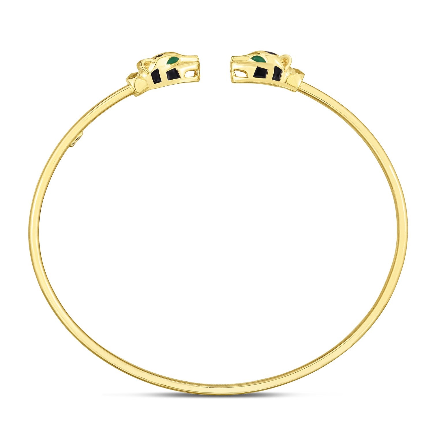 14k yellow gold panther bangle with black and green enamel accents.