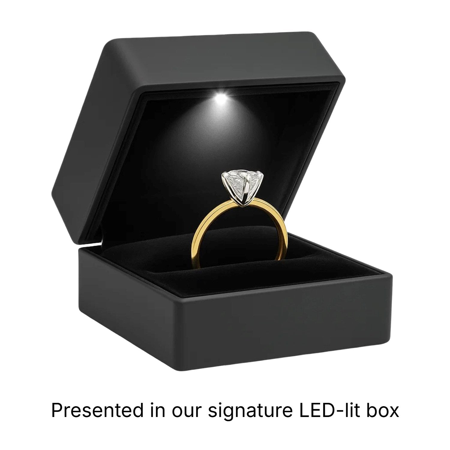 An open black LED-lit ring box displays a yellow gold emerald-cut diamond ring.