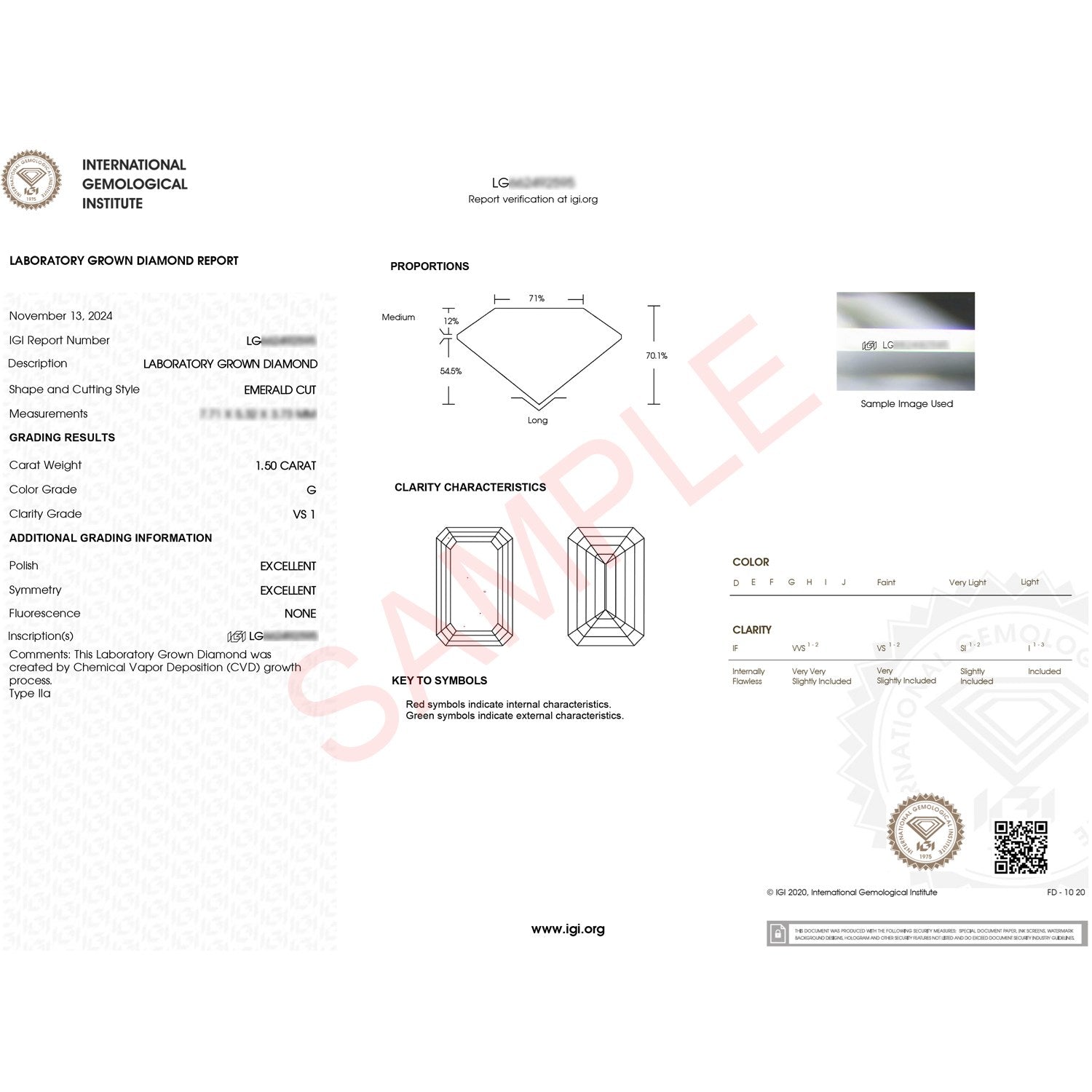 An IGI laboratory grown diamond report for a 1.50 carat, G color, VS1 clarity emerald cut diamond.