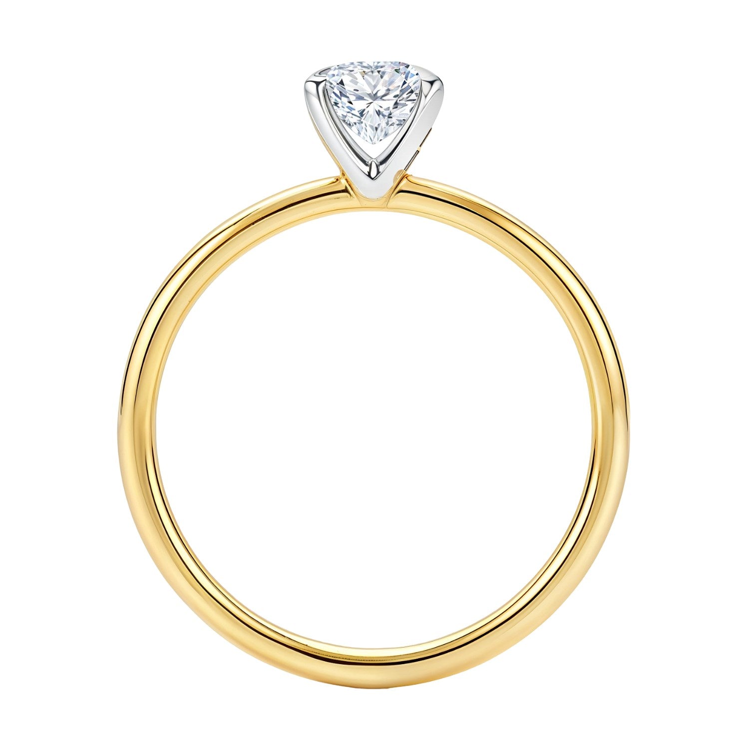 A yellow gold solitaire ring with a round diamond in white gold prongs.