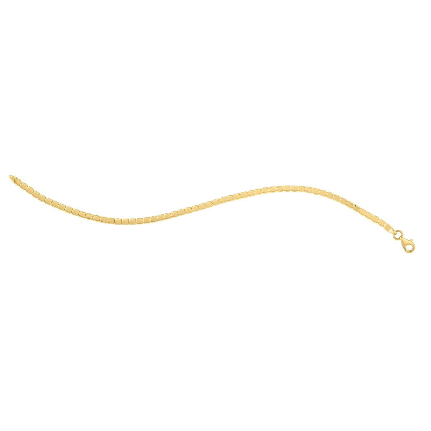 A 14K yellow gold mini cube bracelet with a lobster clasp.