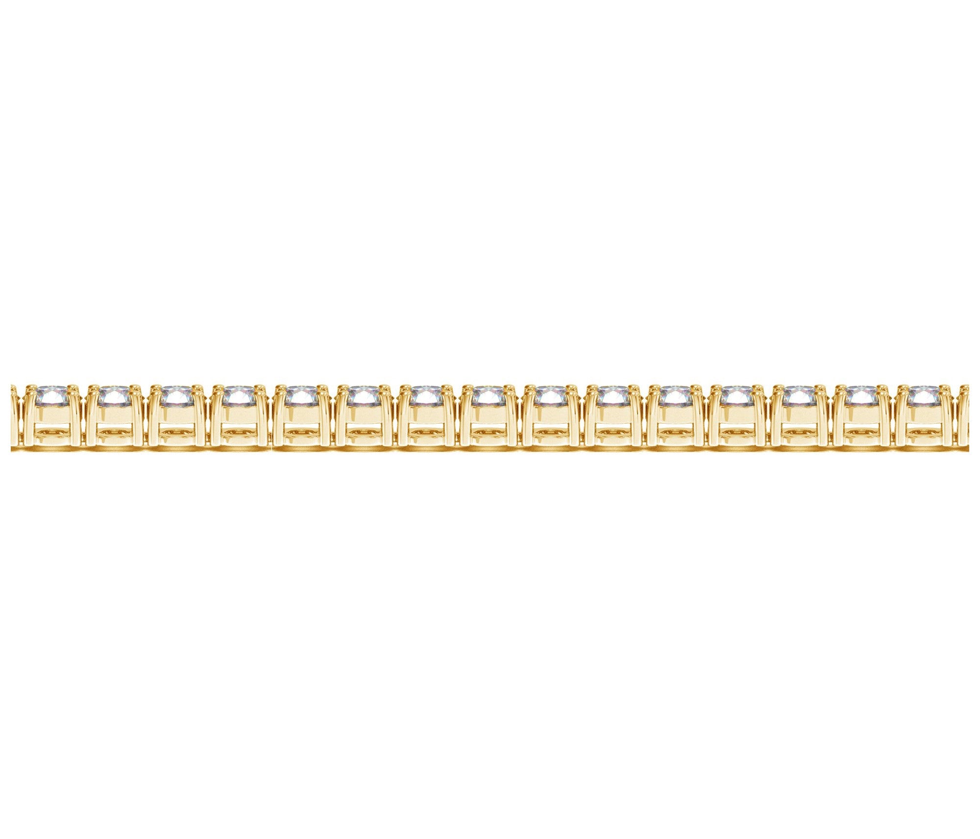 A yellow gold tennis bracelet featuring numerous round, brilliant-cut diamonds.