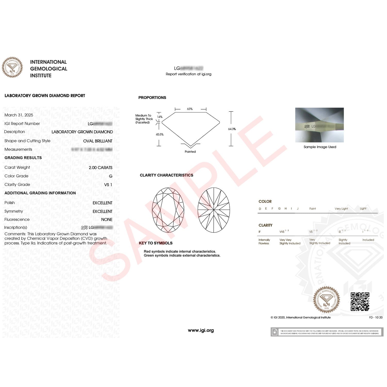 IGI Laboratory Grown Diamond Report for a 2.00 carat oval brilliant diamond.
