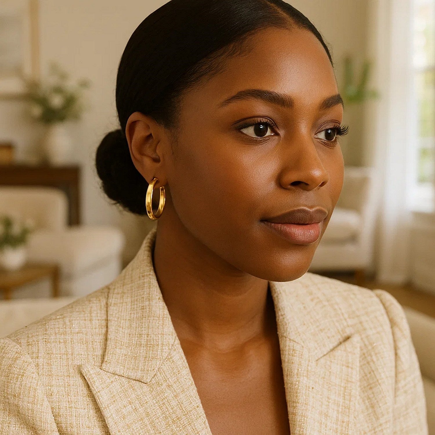 14k yellow gold wedding band hoops on a woman with dark hair and a beige blazer.