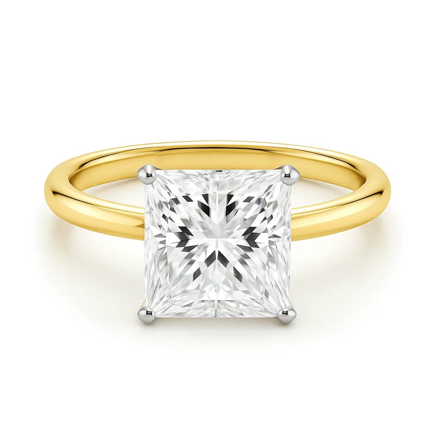 A 14K yellow gold solitaire ring with a princess-cut lab-grown diamond.