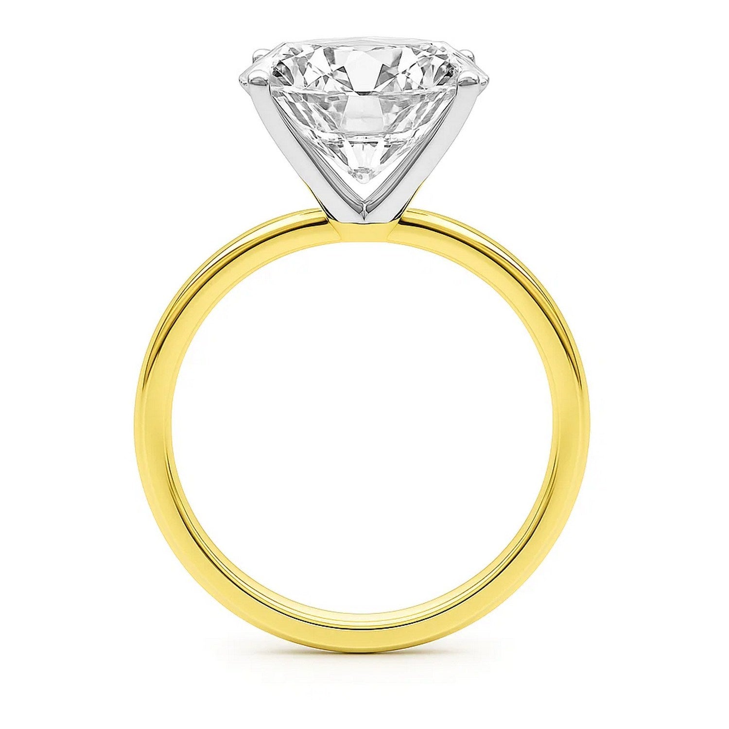 A 5 carat princess-cut diamond solitaire ring with a yellow gold band.