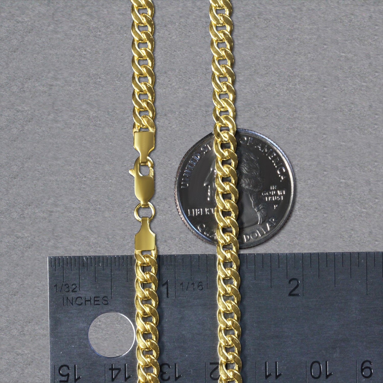 A 10k yellow gold Miami Cuban semi-solid chain with a lobster clasp, measuring 4.5mm wide.