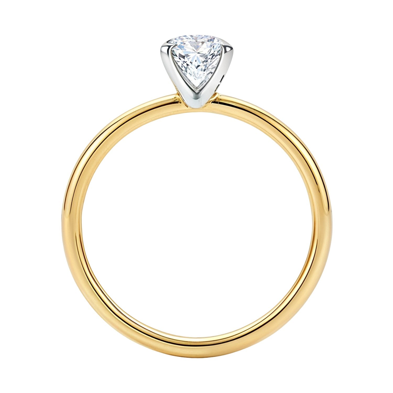 A 10K yellow gold solitaire ring with a lab-grown emerald-cut diamond in white gold prongs.