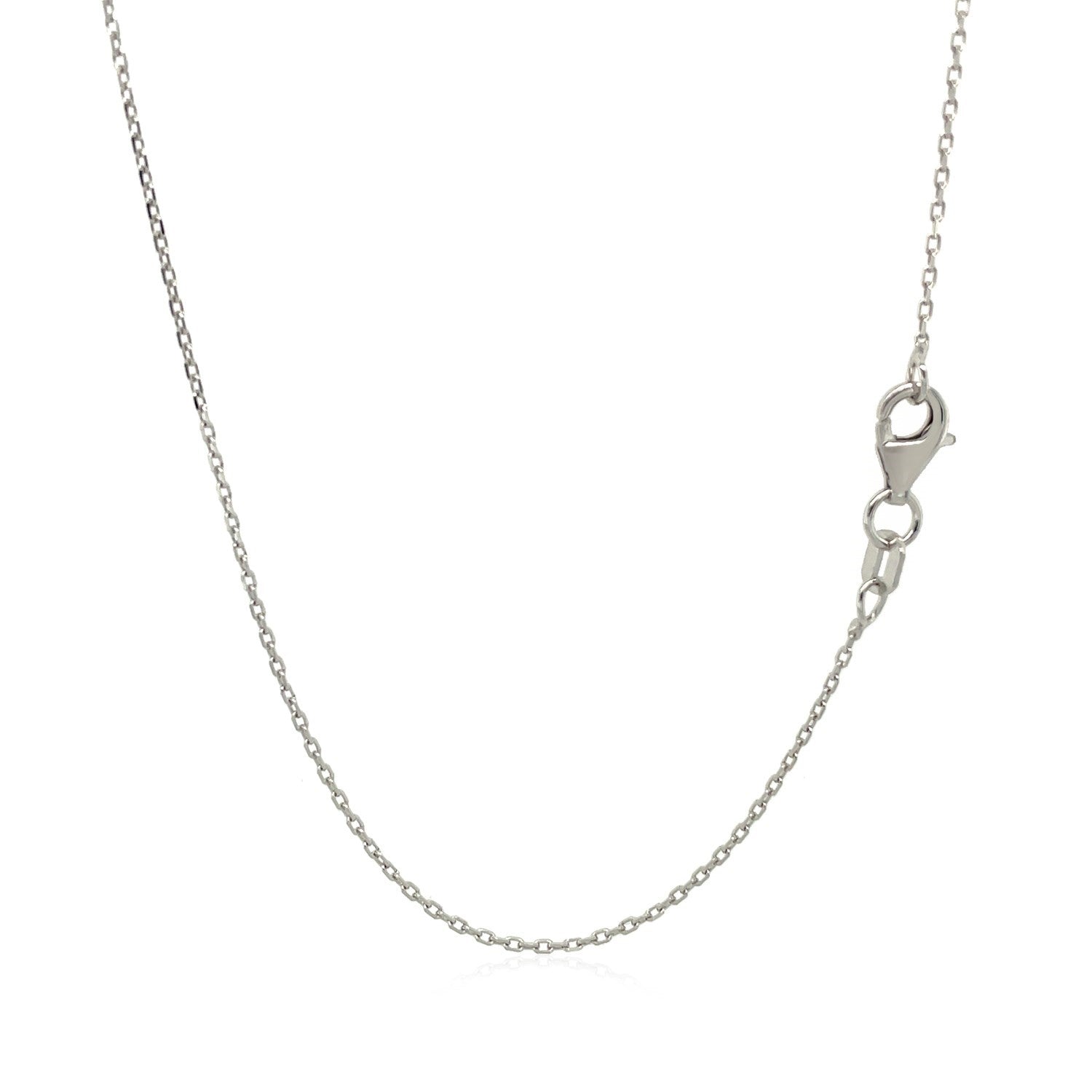 An 18k white gold diamond-cut cable link chain with a lobster clasp.