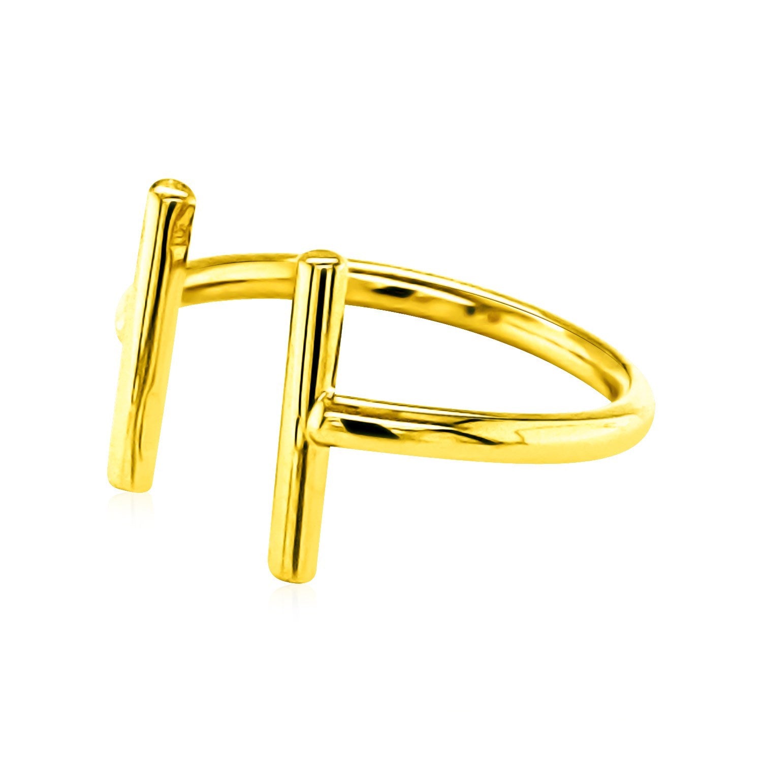 14k yellow gold open ring with two polished bars.