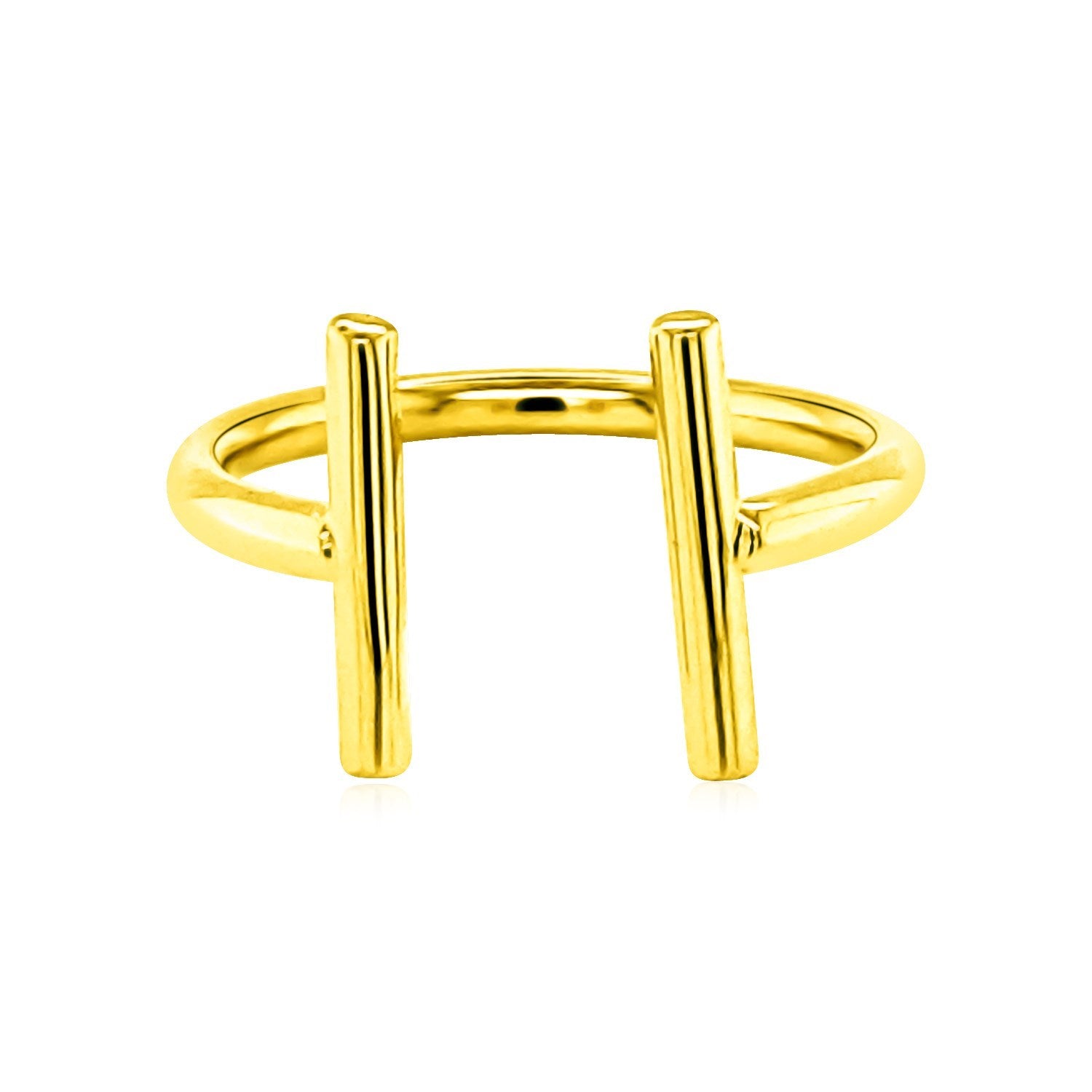 14k yellow gold open ring with two polished vertical bars.