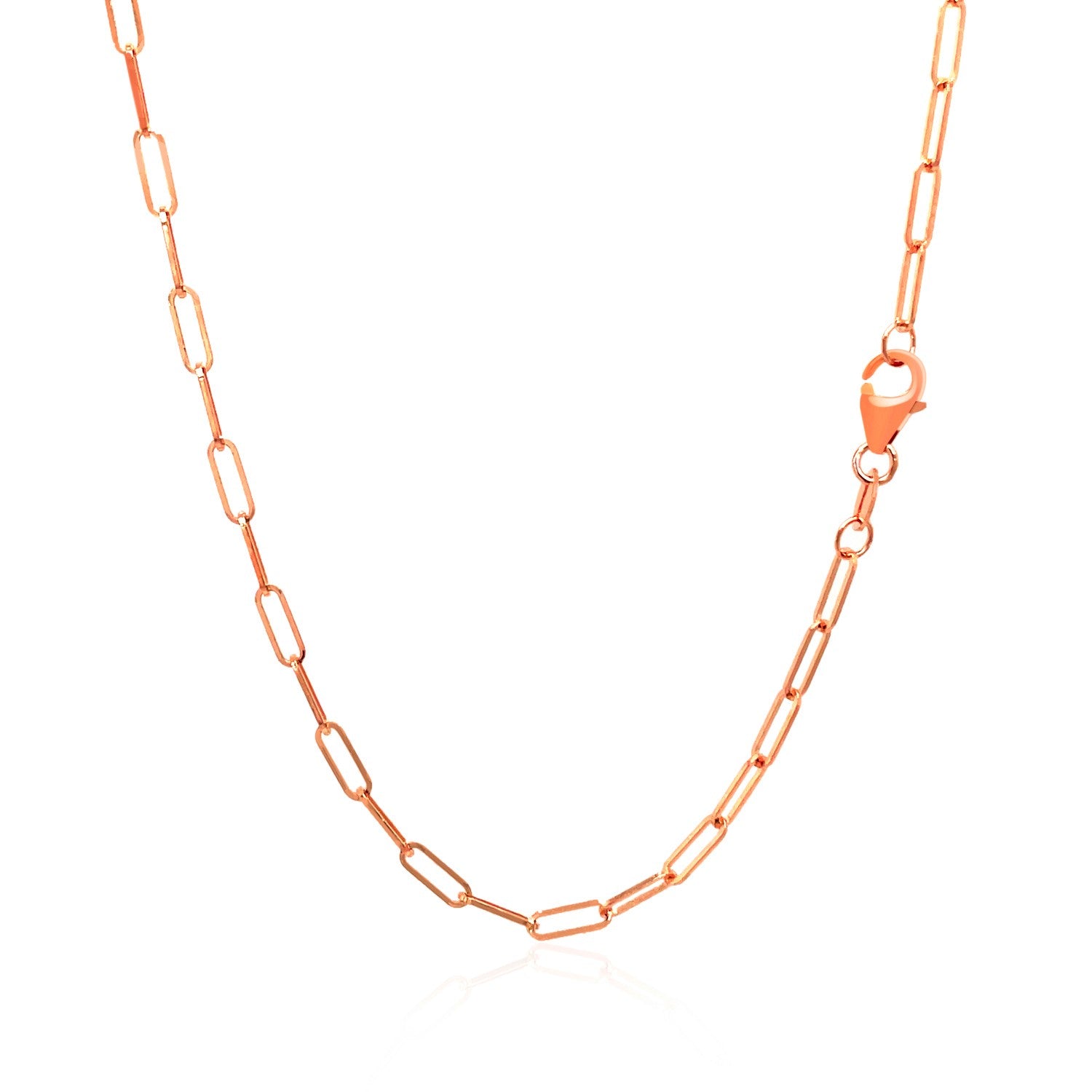 A 14K rose gold delicate paperclip chain with a lobster clasp.