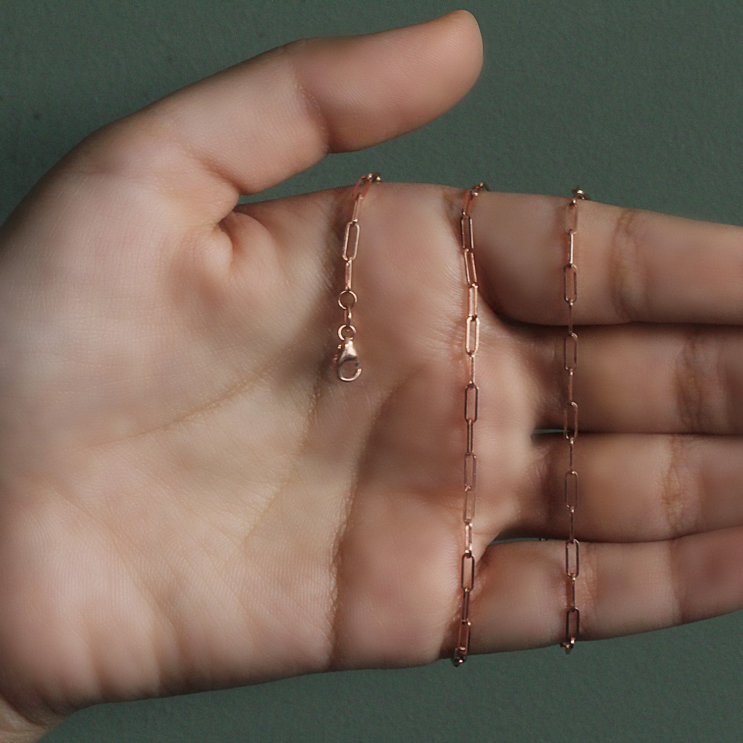 14K rose gold delicate paperclip chain with a lobster clasp held in a hand.