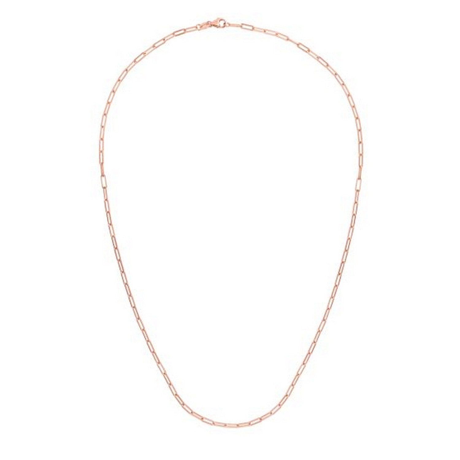 A delicate 14K rose gold paperclip chain with a lobster clasp.