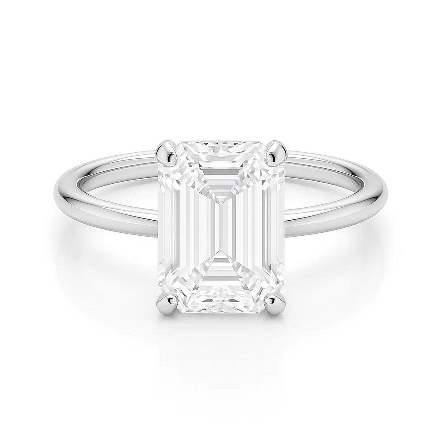 A 10K white gold solitaire ring features a large emerald-cut lab-grown diamond.