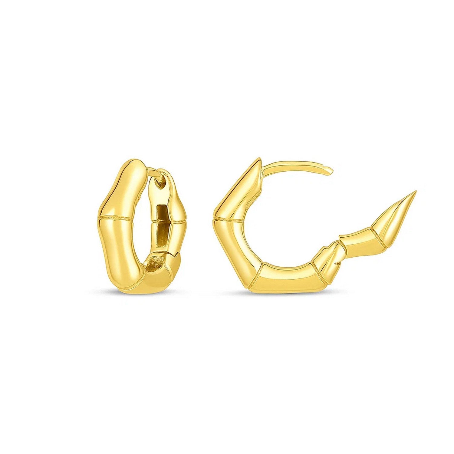 Two 14k yellow gold bamboo-shaped huggie hoop earrings with a high polish finish.