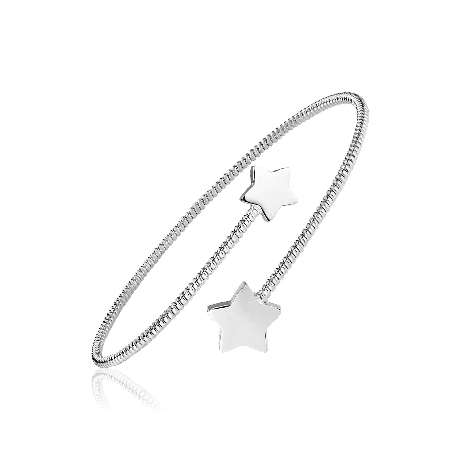 Sterling silver bypass bangle with two polished stars.