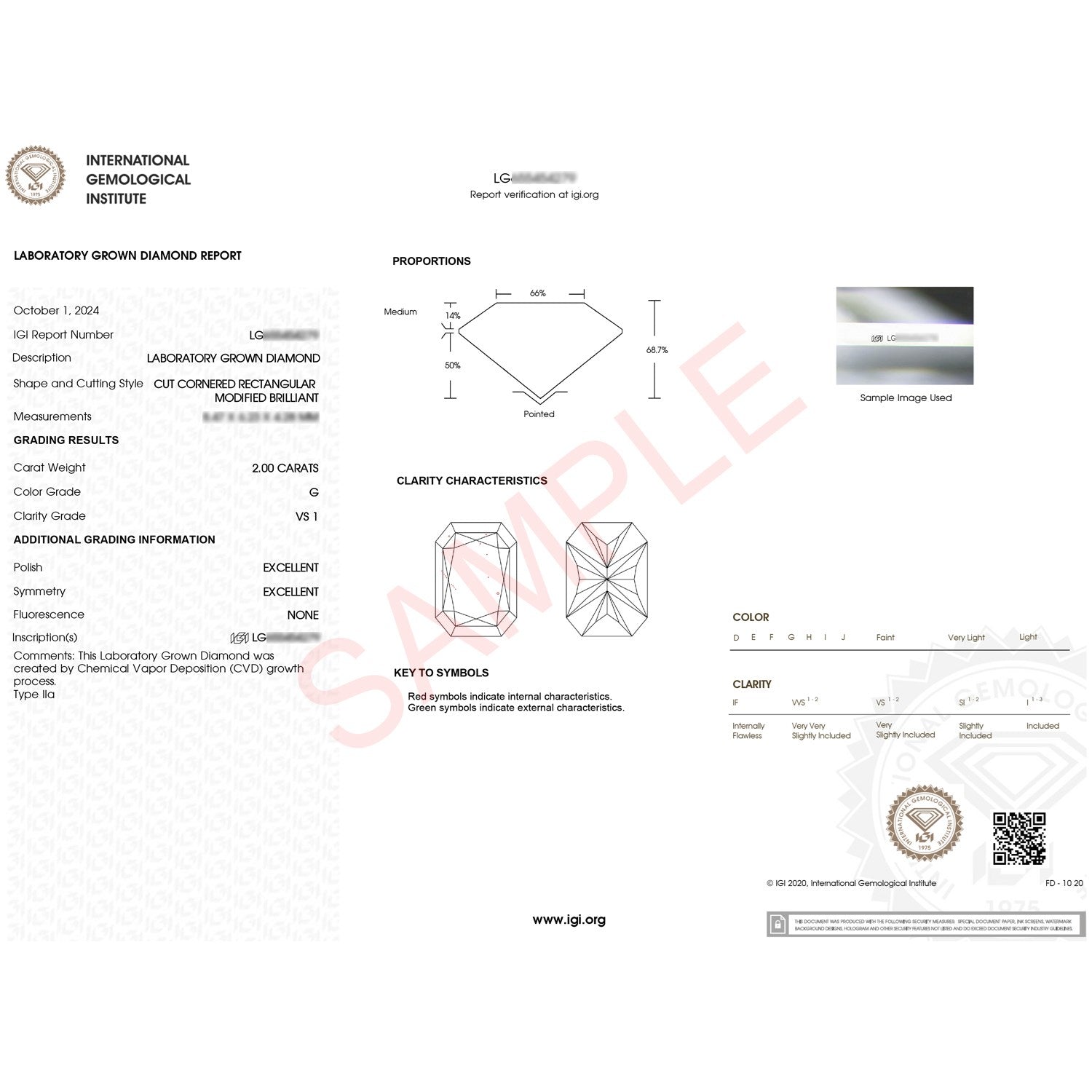 IGI Laboratory Grown Diamond Report for a 2.00 carat, G color, VS1 clarity diamond.