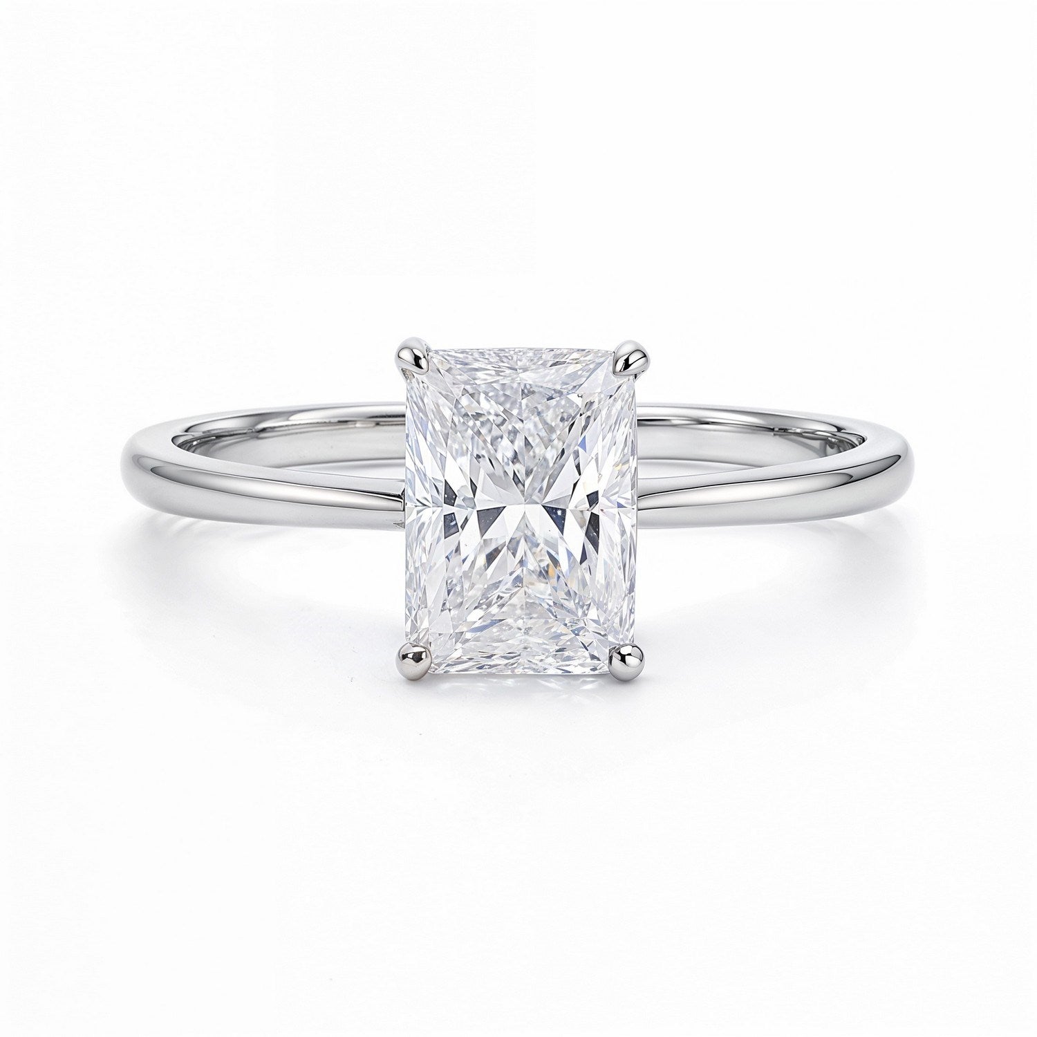A radiant-cut lab-grown diamond solitaire ring in 10K white gold.