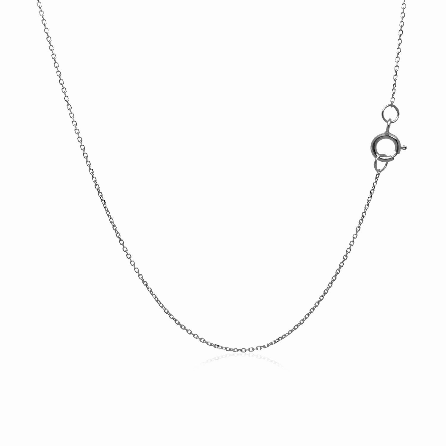 14k white gold diamond cut cable link chain with a spring ring clasp.