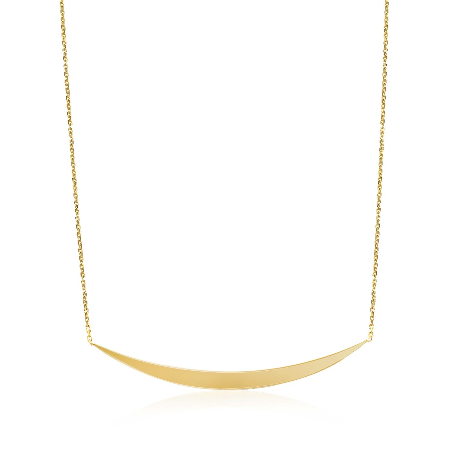 14k yellow gold necklace with a polished curved bar pendant.