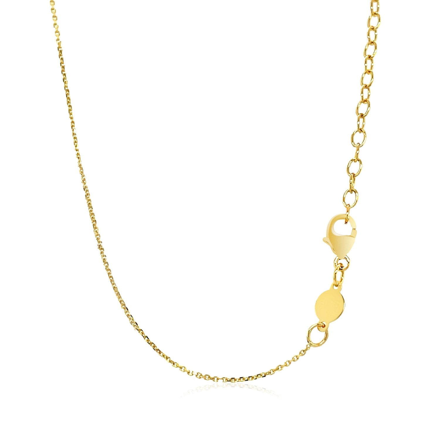 14k yellow gold cable chain necklace with a lobster clasp and extender.