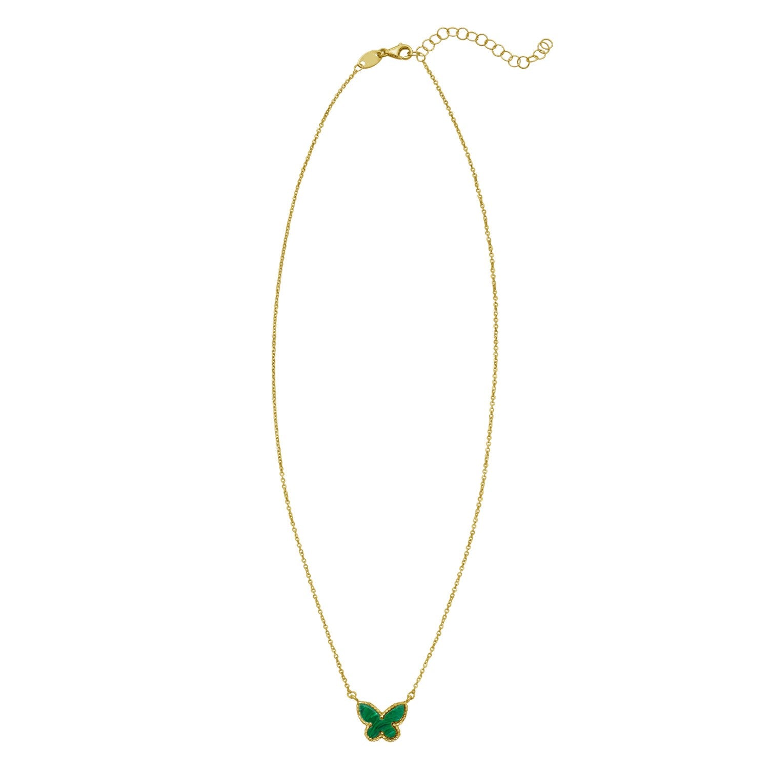 14K yellow gold necklace with a malachite butterfly pendant.