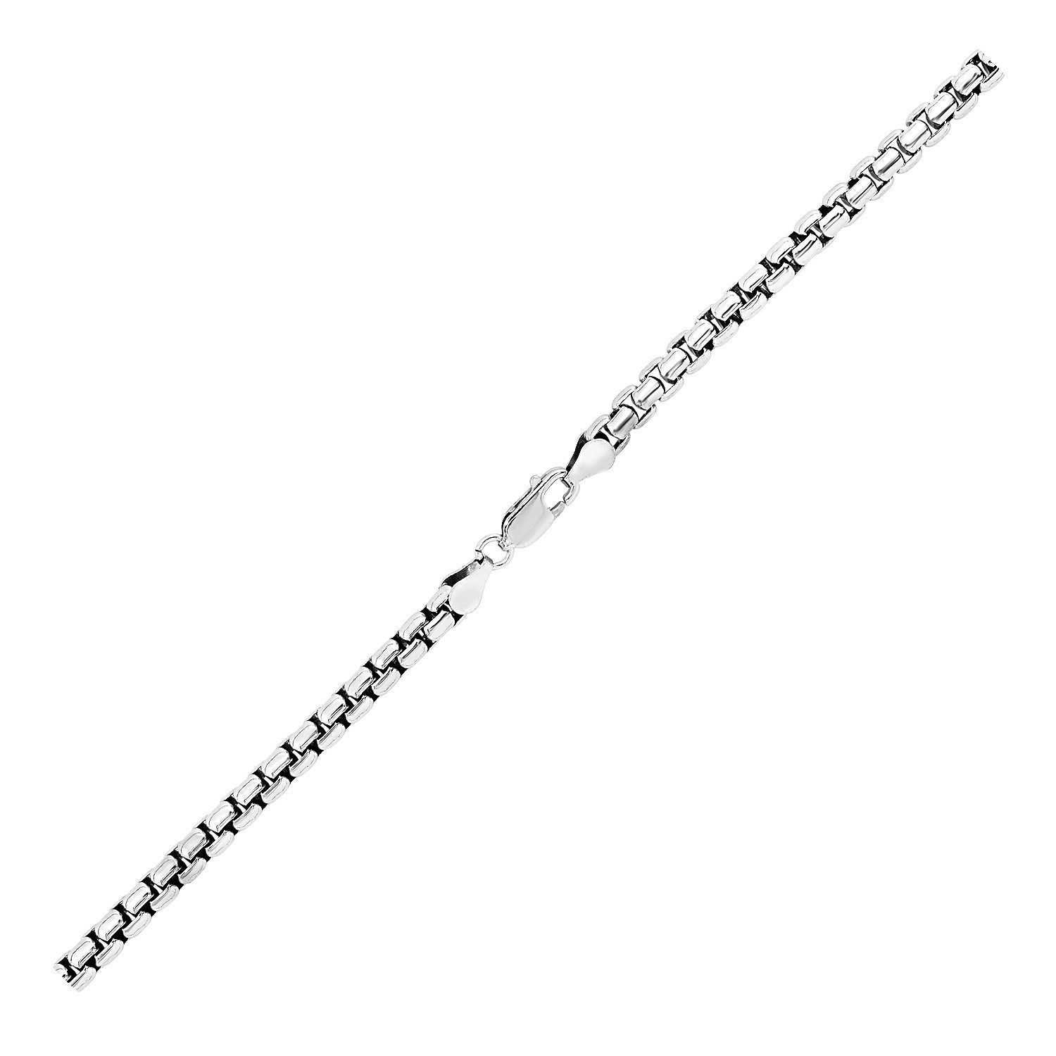 Sterling silver rhodium-plated round box chain with a lobster clasp.