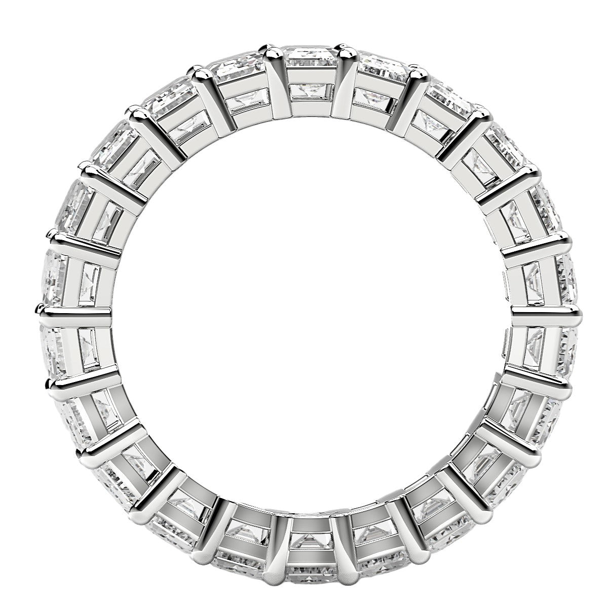 Emerald cut lab grown diamond eternity ring in 14k white gold.