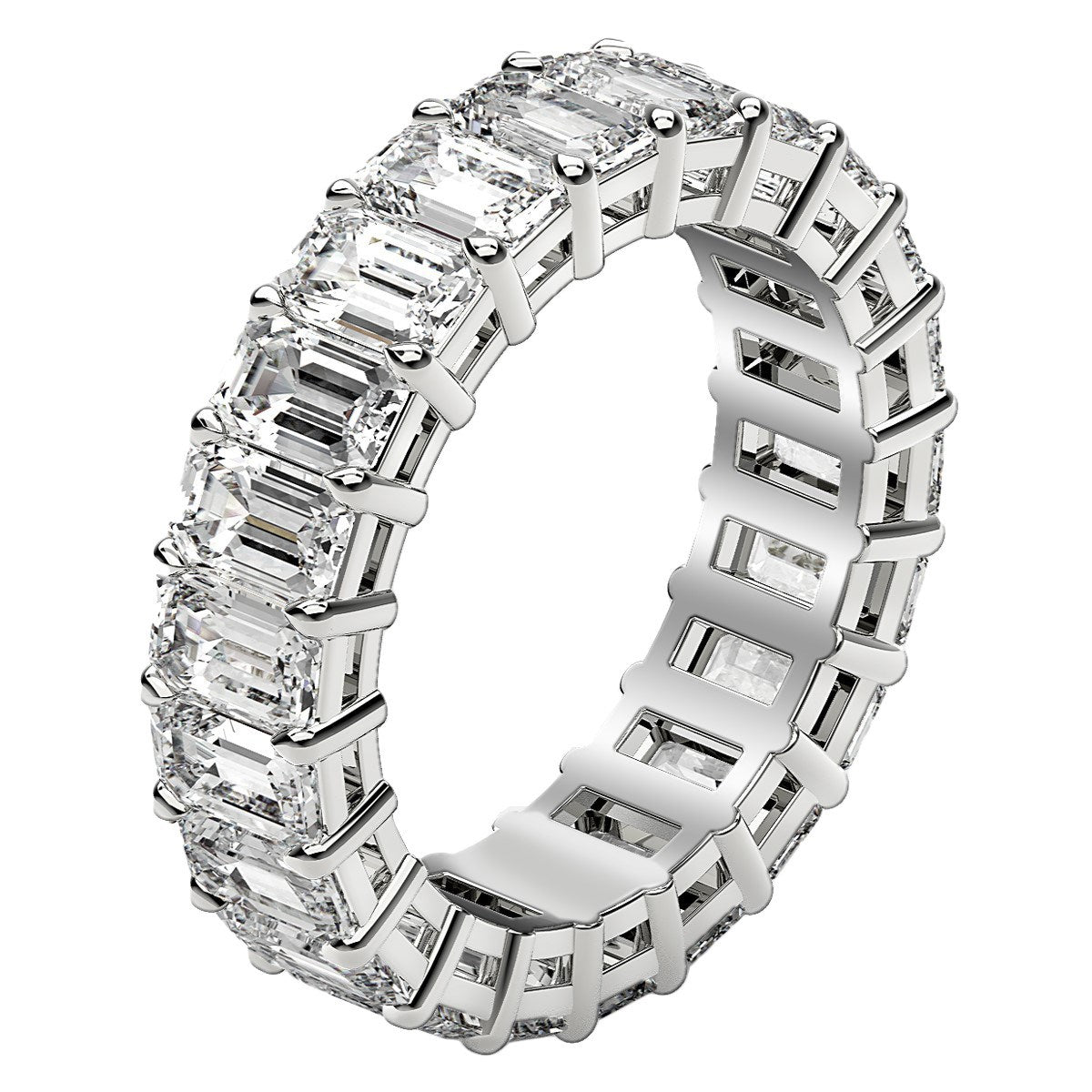 Emerald cut lab grown diamond eternity ring in 14k white gold.