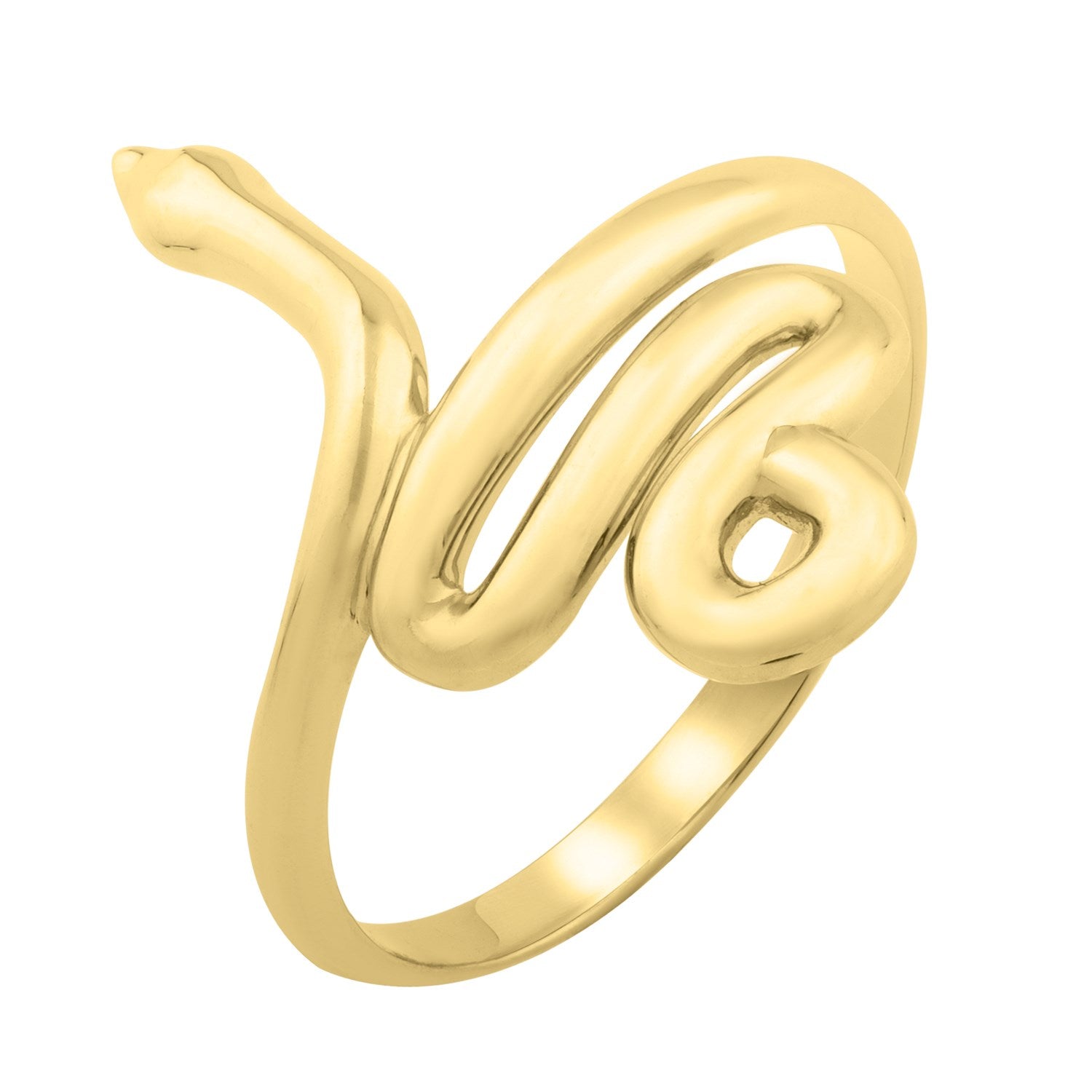 A 14K yellow gold snake ring with a coiled design.