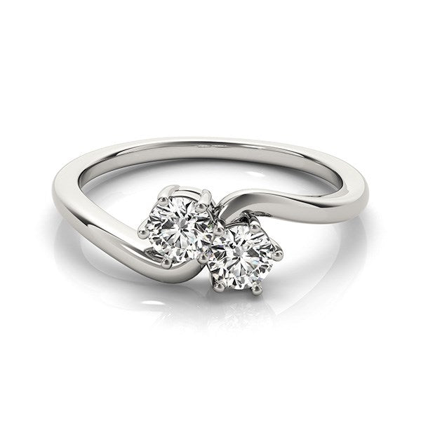 Two-stone diamond ring in 14k white gold with a curved band.