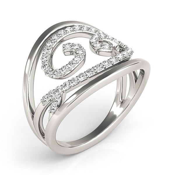 A white gold ring with a swirl design and numerous small diamonds.