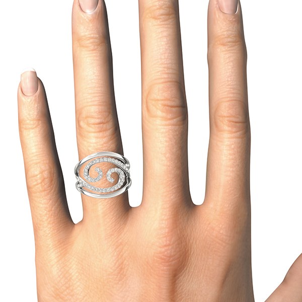 Swirl design diamond ring in 14k white gold on a hand.