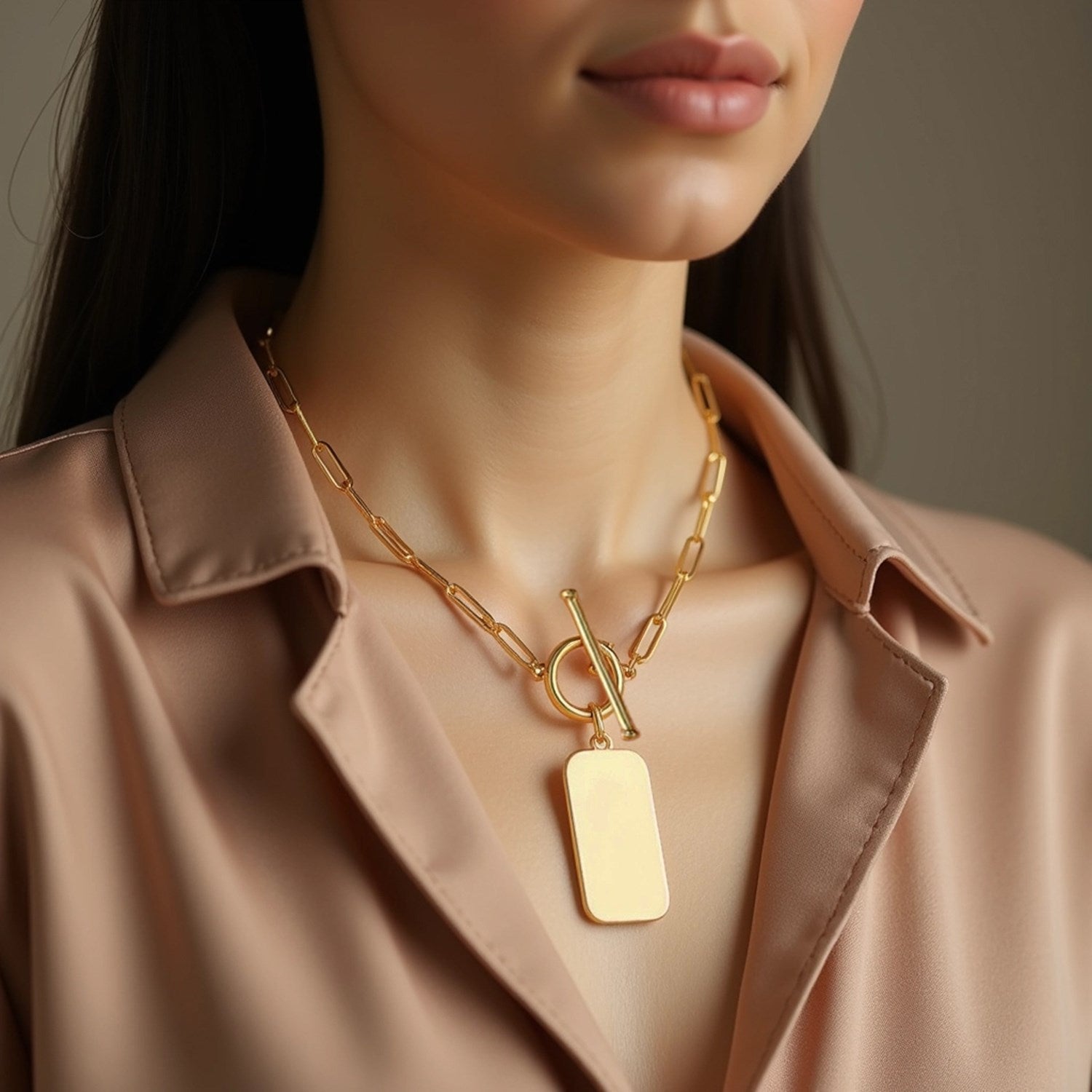 14k yellow gold paperclip chain necklace with a rounded rectangle pendant and toggle clasp.