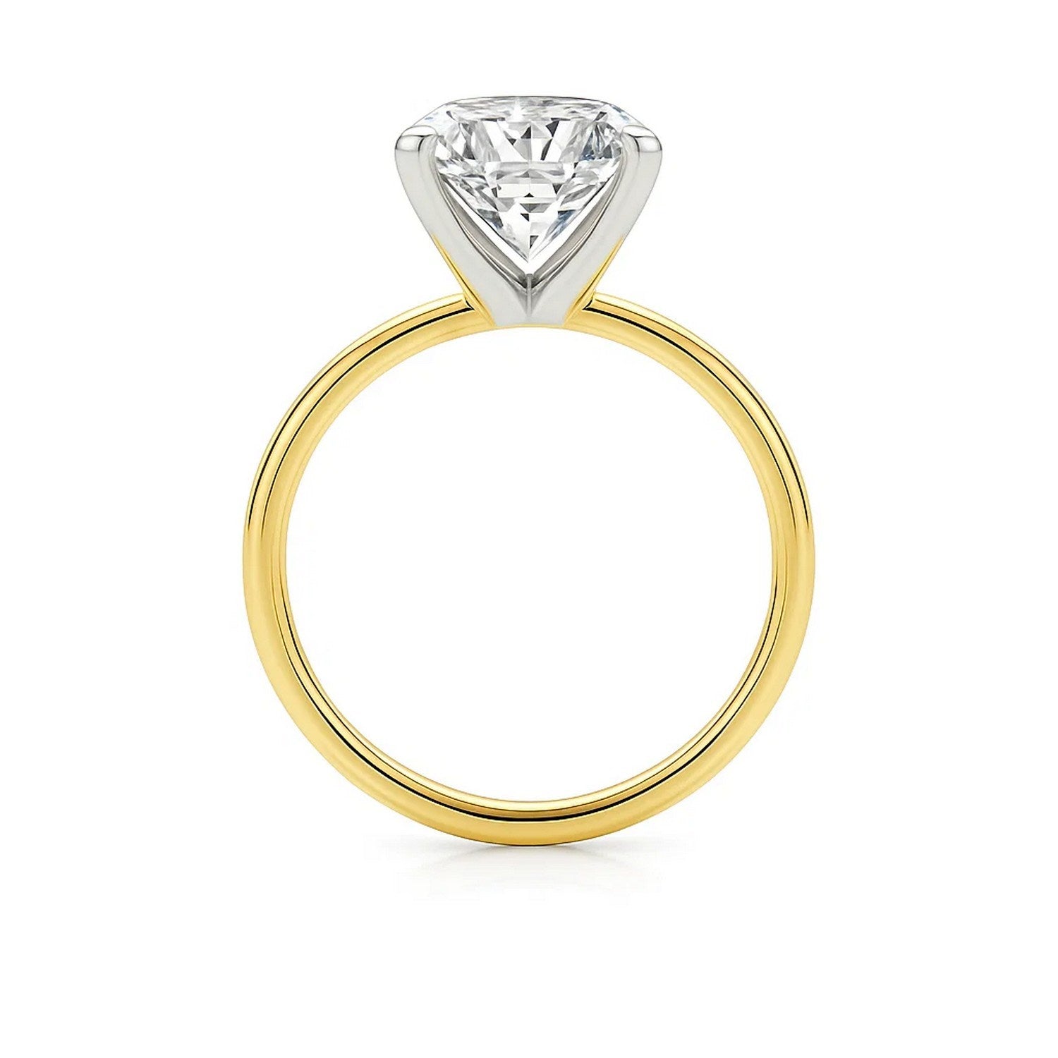 Emerald lab-grown diamond solitaire ring with a yellow gold band and white gold prongs.