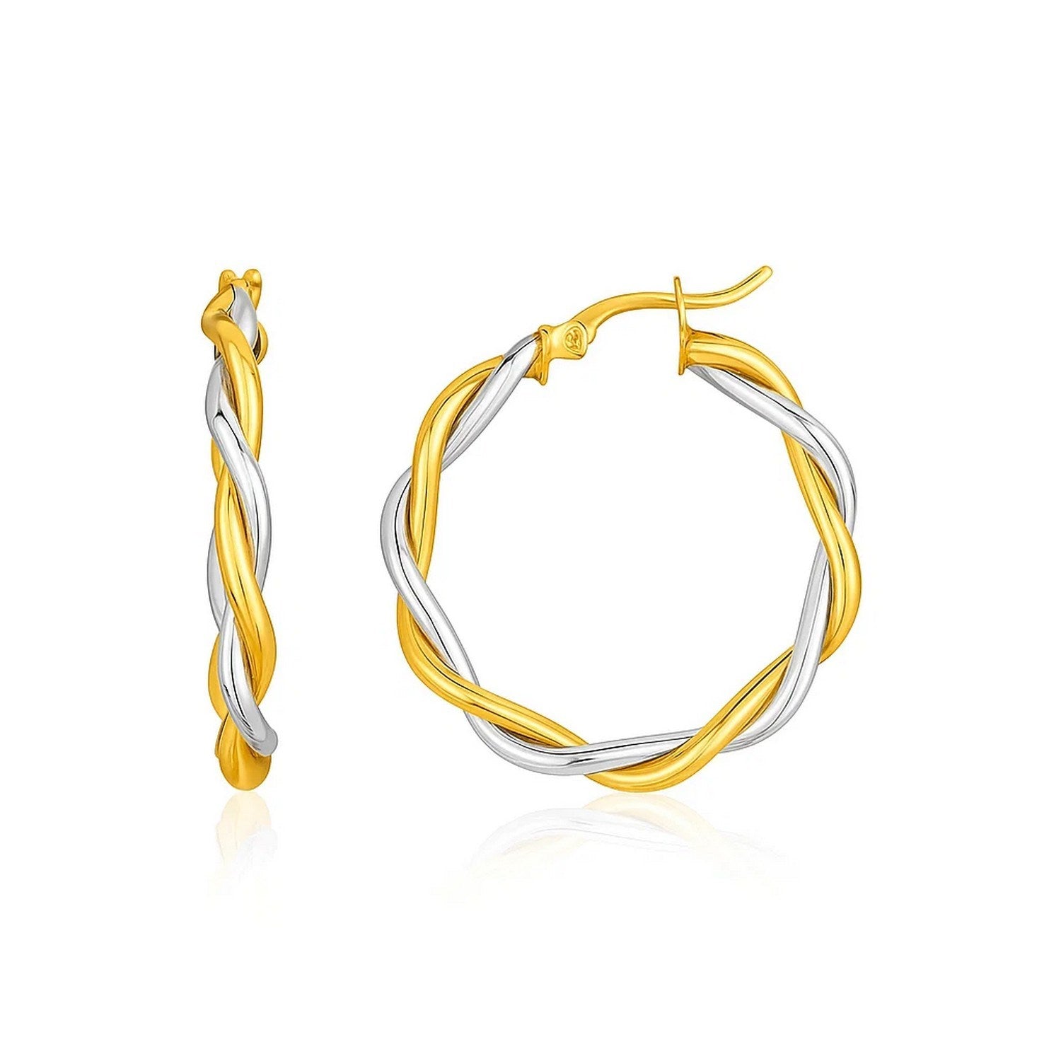 Two-tone twisted wire round hoop earrings in yellow and white gold.