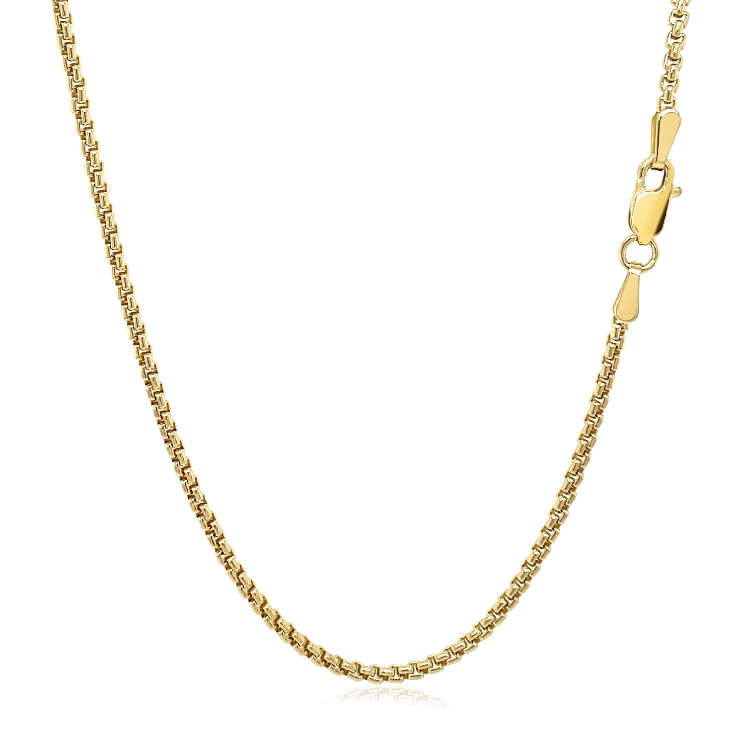 14k yellow gold solid round box chain with a lobster clasp.