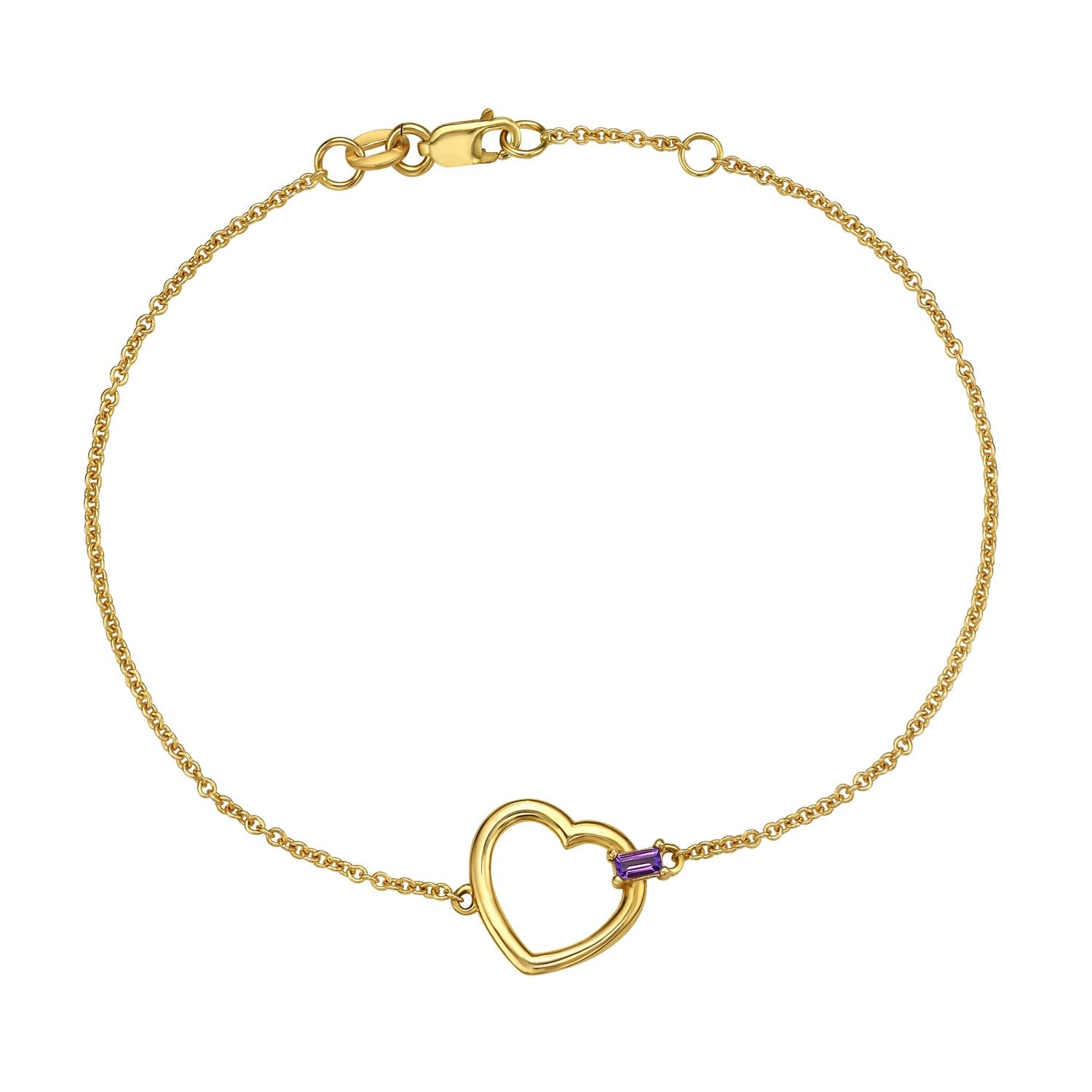 Amethyst baguette heart bracelet in 14K yellow gold with a lobster clasp.