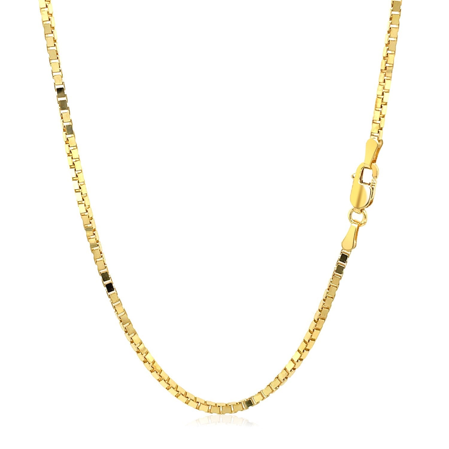 A 14K yellow gold classic box chain with a lobster clasp.
