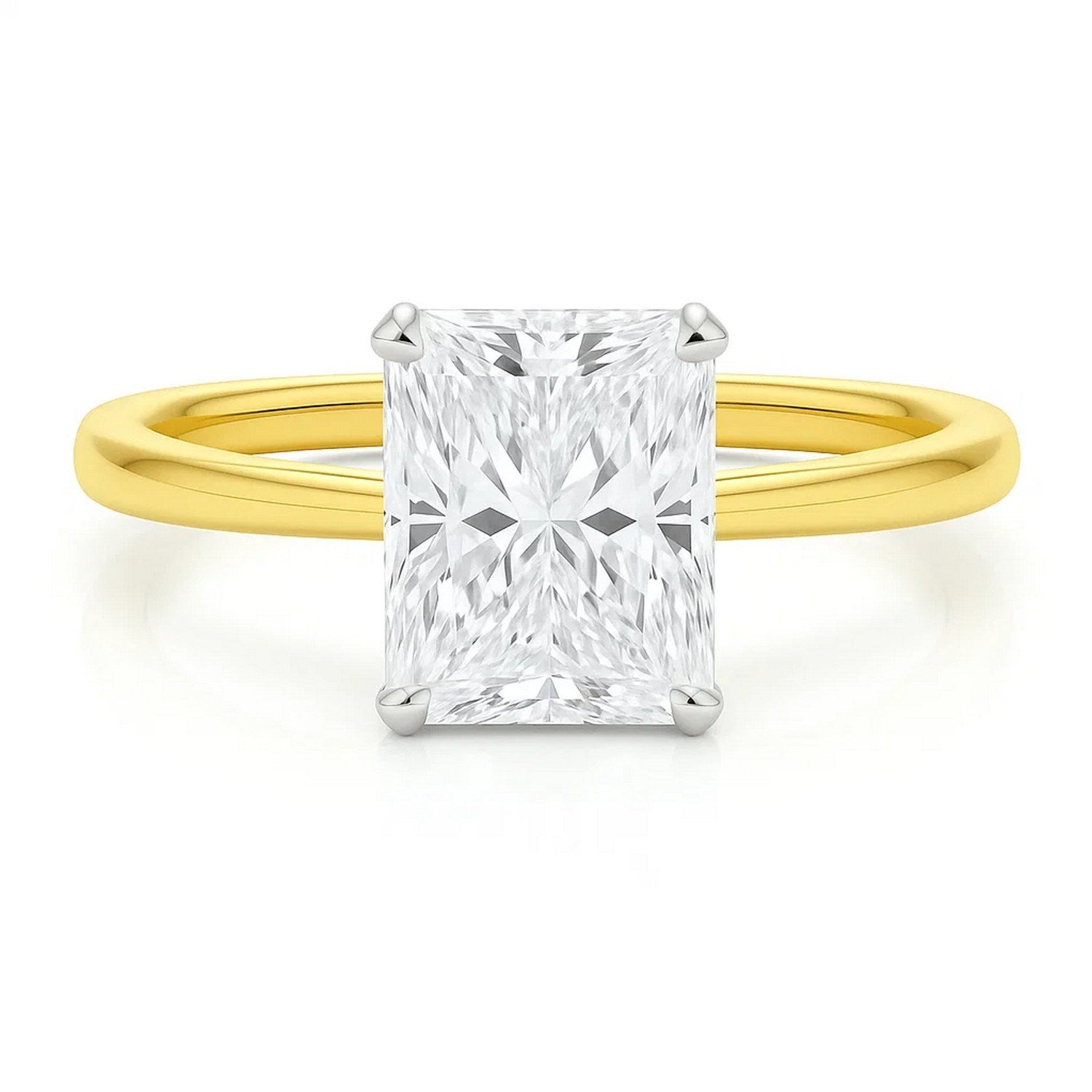 A radiant lab-grown diamond solitaire ring in 10K yellow gold.