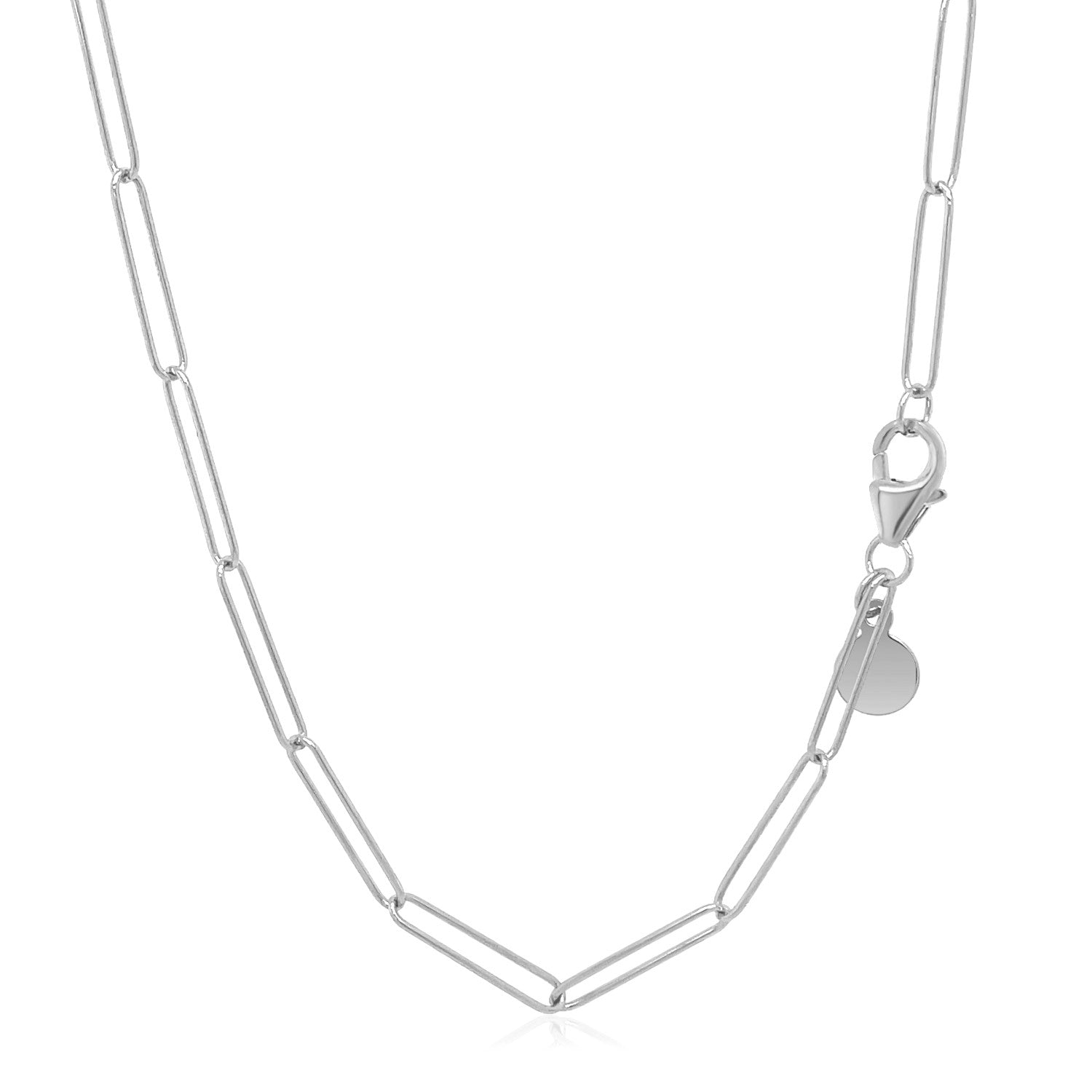14k white gold paperclip chain with a lobster clasp and small round tag.
