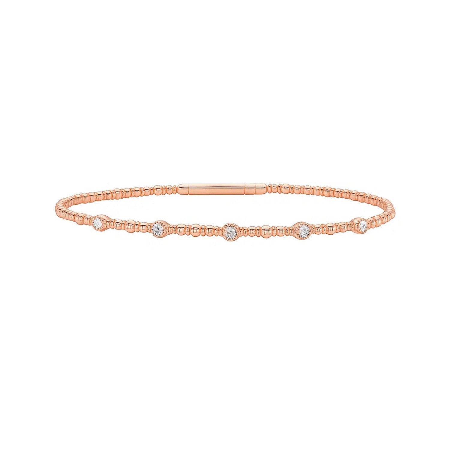 A 14K rose gold beaded bracelet with five evenly spaced diamonds.